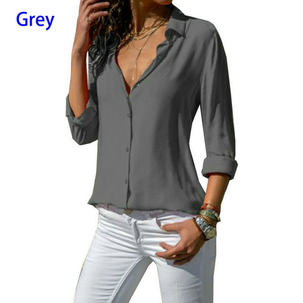 Women Blouse Casual Shirt Tops Clothing Office Long Sleeve V-neck Loose 